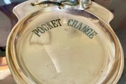 Vintage "Pocket Change" Embossed Brass Coin Trinket Valet Dish Desk Tray Money Pin Dish
