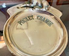 Vintage "Pocket Change" Embossed Brass Coin Trinket Valet Dish Desk Tray Money Pin Dish