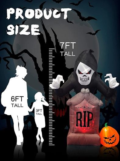 7 Feet Halloween Inflatable Grave Scene Skeleton Ghost with Tombstone and Pumpkin LED Lights Decor Outdoor Indoor Holiday Decorations Blow up Yard Decor Giant Lawn Inflatables Home Family