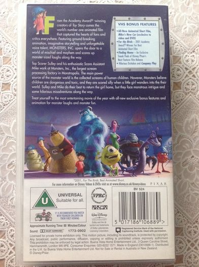 Monsters, Inc.  Vhs Video.