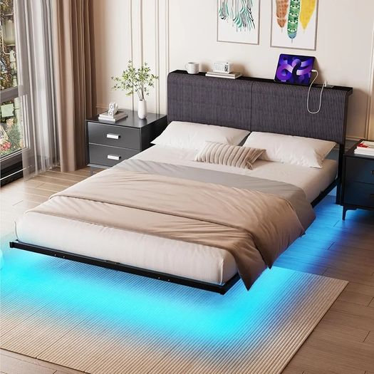 5ft King Bed Frame With USB Charging Station,Dark Grey Floating Bed Frame with Storage Headboard and LED Light,Upholstered Platform Bed Frame Double Size,Noise-Free Strong Slats
