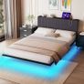 5ft King Bed Frame With USB Charging Station,Dark Grey Floating Bed Frame with Storage Headboard and LED Light,Upholstered Platform Bed Frame Double Size,Noise-Free Strong Slats Image 2