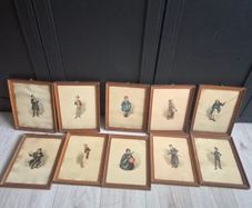 Set of 10 Original Victorian Character Prints in Oak Frames