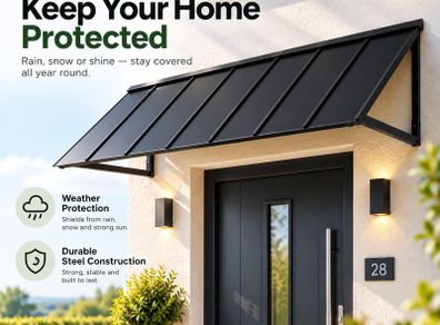 Fixed Metal Door & Window Awning  203 X 91cm Black Steel Canopy