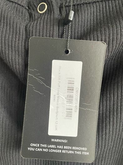 Prettylittlething black ribbed bodysuit size UK 12