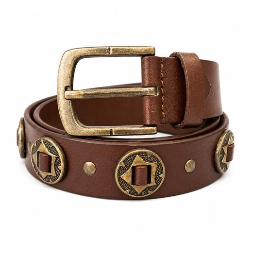Unisex Genuine Leather Studded Belt Vintage Brown Leather Belt with Antique Brass Rivets & Buckle