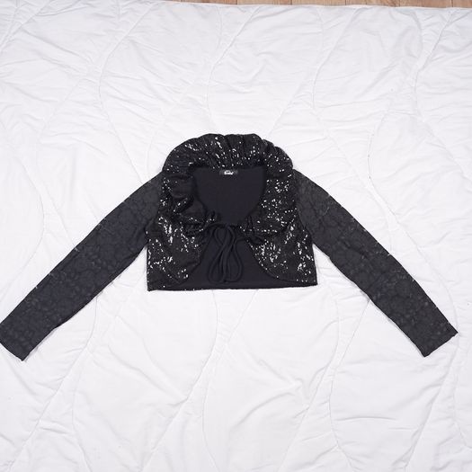 Miss Frida Black Y2K Goth Sequined Sparkly Lace Sleeve Cropped Bolero Shrug Cardigan Size S