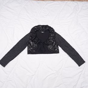 Miss Frida Black Y2K Goth Sequined Sparkly Lace Sleeve Cropped Bolero Shrug Cardigan Size S