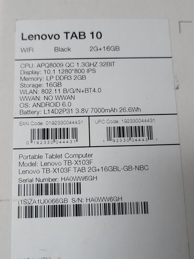 Lenova 10" Tablet TB-X103F