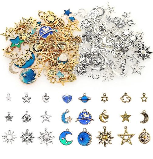 130pcs Jewelry Charms, BetterJonny Star Moon and Sun Charms Pendant Fitting Enamel Charms for Jewelry Making Gold Silver and Blue (FREE POSTAGE)