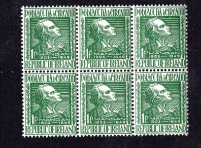 1949 Ireland Anniversary of the Death of James Clarence Mangan Commemorative Stamp block of 6 Mint Never Hinged (MNH)