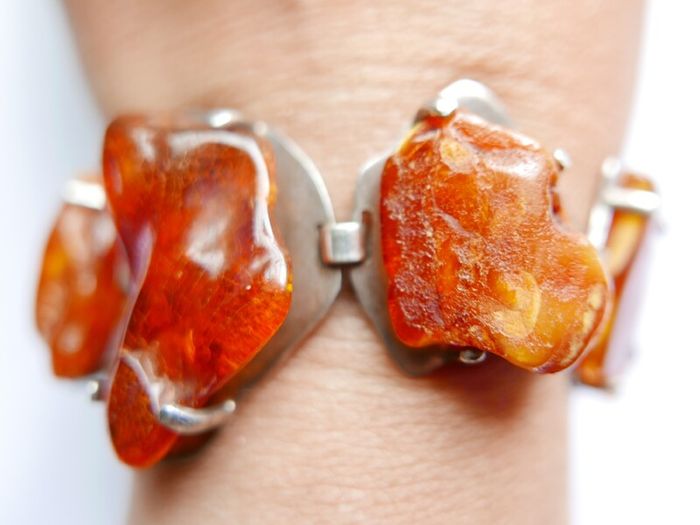 54.4gr giant UNIQUE Baltic Amber Bracelet, SET IN STERLING SILVER 925, Dark Honey Amber Chain and Link Bracelet with natural Inclusions
