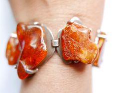 54.4gr giant UNIQUE Baltic Amber Bracelet, SET IN STERLING SILVER 925, Dark Honey Amber Chain and Link Bracelet with natural Inclusions