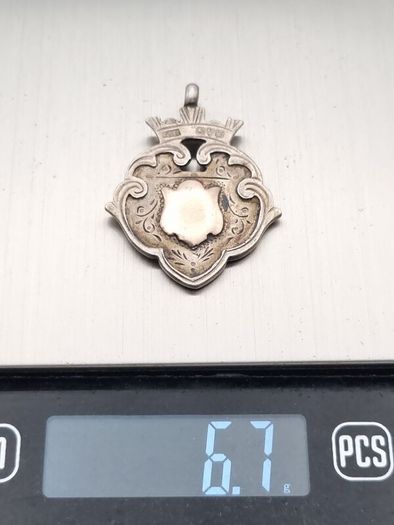 Antique 925 Sterling Silver Heraldic Fob Pendant, Rose Gold Detail Shield, Chester 1920