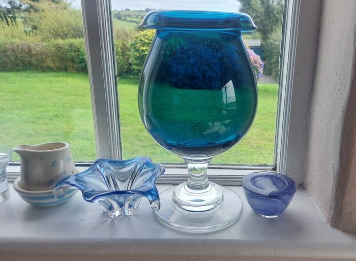 Fabulous Pair of Two Vintage Small Hand-Blown Art Glass Pieces in Shades of Bright Blue and Cornflower Blue, Sold as a Pair