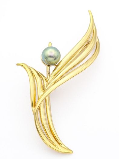 Signed Majorica Gold Plated Sterling Silver Faux Pearl Brooch