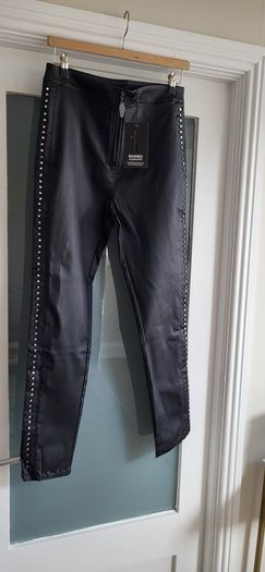 BANNED APPAREL Alternative Black Waxed Jeggings with Silver Studded Seams - Sz L (Fit 14-16UK) - Bnwt Rrp 89