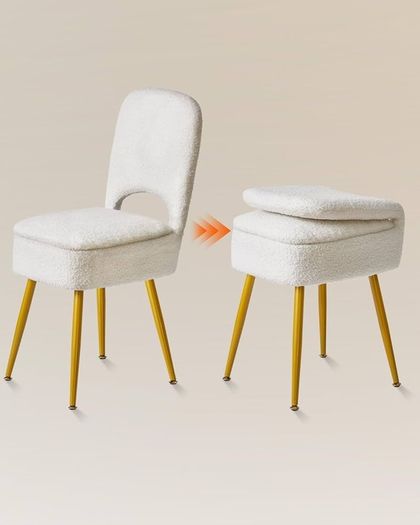 Small Storage Vanity Stool with Folding Backrest, 12.99" x 13.78" x 31.5" Square Teddy Velvet Ottoman, Makeup Chair for Living Room, 4 Metal Legs with Anti-Slip Feet, White