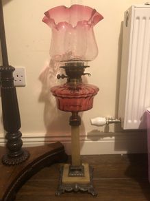 19th Century Oil Lamp with Ruby Bowl and Ruby Tipped Shade