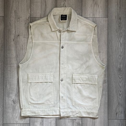 Zara Mens Ecru Denim Utility Gilet Off White or Cream Size XL