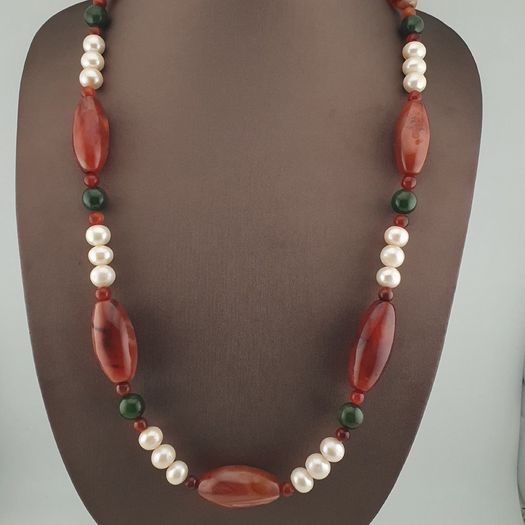 Vintage African Carnelian Statement Necklace with Genuine Pearls & Green Jade Beads