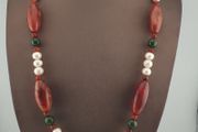Vintage African Carnelian Statement Necklace with Genuine Pearls &amp; Green Jade Beads