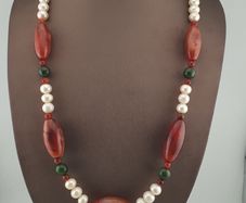 Vintage African Carnelian Statement Necklace with Genuine Pearls & Green Jade Beads