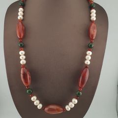 Vintage African Carnelian Statement Necklace with Genuine Pearls & Green Jade Beads