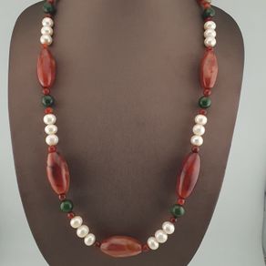 Vintage African Carnelian Statement Necklace with Genuine Pearls & Green Jade Beads