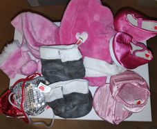 Design-A-Bear 3 pairs of footwear, dressing gown, winter hat & gloves, 2 party bags