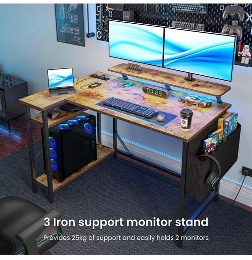 L Shaped Gaming Desk with LED Lights & Power Outlets, 120x80cm