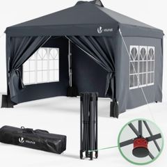 3m x 3m Pop Up Heavy Duty Gazebo with Sides, Central Lock System & 4 Weight Bags & Carry Bag, Marquee Garden Party Tent Outdoor, Grey