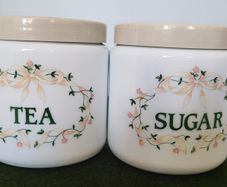 vintage canisters, johnson brothers Tea and Sugar milk glass.
