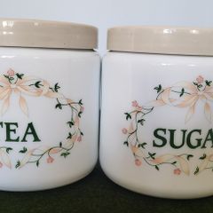 vintage canisters, johnson brothers Tea and Sugar milk glass.