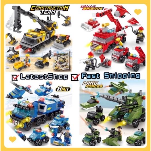 6IN1 Building Blocks City Fire Car Police Truck Engineering Crane Tank Helicopter Bricks Set Toys Works with Lego  for Children Kids