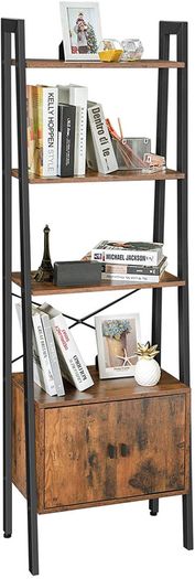 _Standing shelf, ladder shelf, bookcase with cupboard, living room shelf, 4 shelves, sturdy iron frame, bedroom, office, 56 x 34 x 173 cm, industrial design, vintage, dark brown