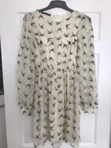 Primark bird print cream dress size 8 long sleeve