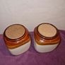 Vintage pair of brown & white jars with cork lid Image 3