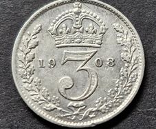 1908 Great Britain GB Silver 3 Three Pence Coin
