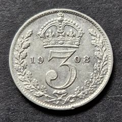 1908 Great Britain GB Silver 3 Three Pence Coin