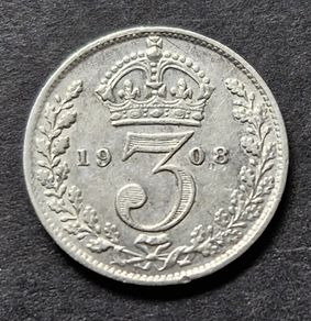 1908 Great Britain GB Silver 3 Three Pence Coin