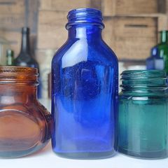 460 - Set of Three Beautiful Vintage Glass Decorative Collectible Bottles - Amber Eire Bovril, Cobalt Blue Magnesia and Turquoise Science Cream