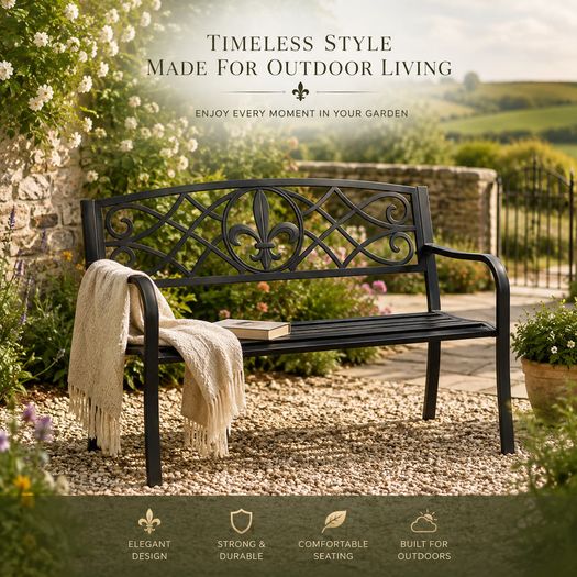 Black Metal Garden Bench 2 Seater Outdoor Patio Bench