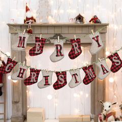 Merry Christmas Banners, Sock Shaped Christmas Burlap Banners,Christmas Banners Flags Outdoor Indoor Vintage Hanging Decorations, for Christmas (FREE POSTAGE)