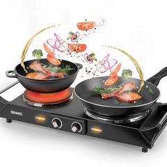 Hot Plate HP2 BK, Table Top Cooking, 2500W Black Steel Electric Double Hob with Handles, 2 Cast Iron Portable Hob Burner Rings (1500W & 1000W) for Home Kitchen, Pots, Camping