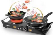 Hot Plate HP2 BK, Table Top Cooking, 2500W Black Steel Electric Double Hob with Handles, 2 Cast Iron Portable Hob Burner Rings (1500W &amp; 1000W) for Home Kitchen, Pots, Camping