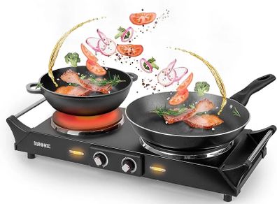 Hot Plate HP2 BK, Table Top Cooking, 2500W Black Steel Electric Double Hob with Handles, 2 Cast Iron Portable Hob Burner Rings (1500W & 1000W) for Home Kitchen, Pots, Camping