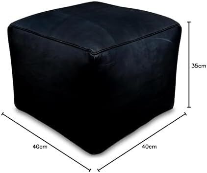 Good Square Leather Pouffe - Handmade - Delivered stuffed - Ottoman footstool, floor cushion (Black)
