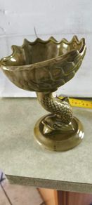 Stunning Vtg Olive Green Glaze Porcelain -Koi Fish Shell Pedestal Bon Bon Dish