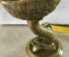 Stunning Vtg Olive Green Glaze Porcelain -Koi Fish Shell Pedestal Bon Bon Dish